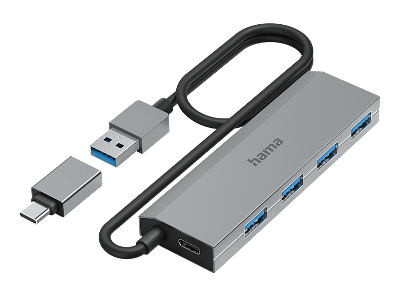 Hama - USB-Hub, 7 Ports, USB 3.2 Gen1, 5 Gbit s, inkl. USB-C-Adapter und Netzteil, Taubengrau, 360X260X20MM