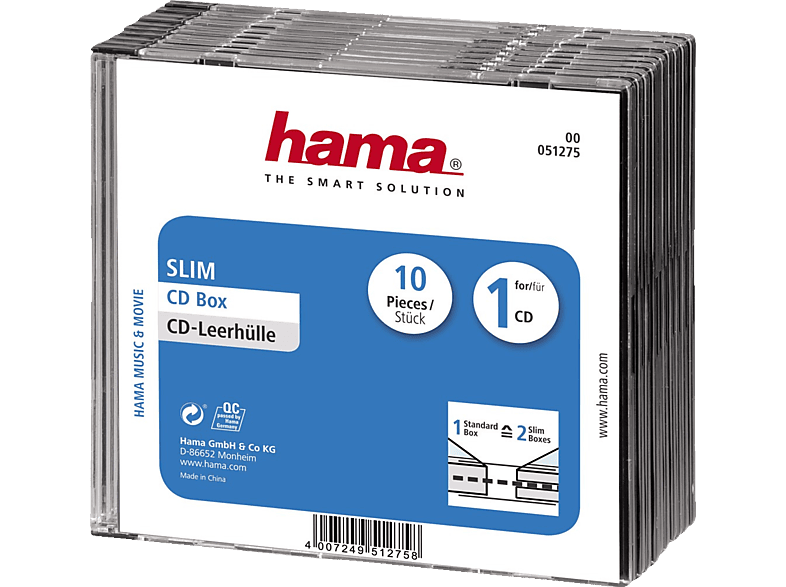 Hama CD Hülle Slim 00051275 1 CD/DVD/Blu-Ray Transparent, Schwarz Polystyrol 10 St.