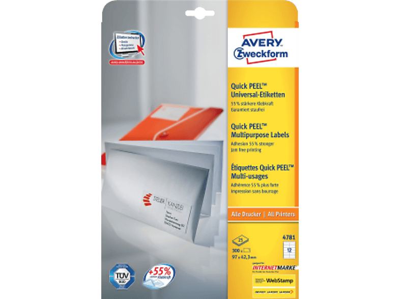 AVERY ZWECKFORM Universal-Etiketten 97x42.3mm 4781 weiss 360 Stk./25 + 5 Blatt