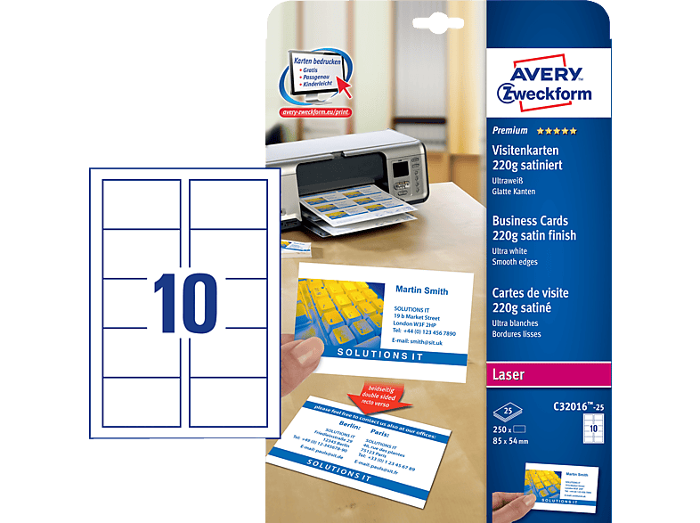 AVERY ZWECKFORM Visitenkarten doppels. 85x54mm C32016-25 Laser,220g,weiss 25Bl./10Stk.