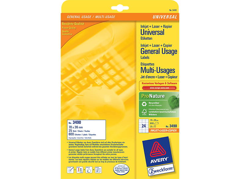AVERY ZWECKFORM Universal-Etiketten 70x36mm 3490 weiss 720 Stk./25 + 5 Blatt