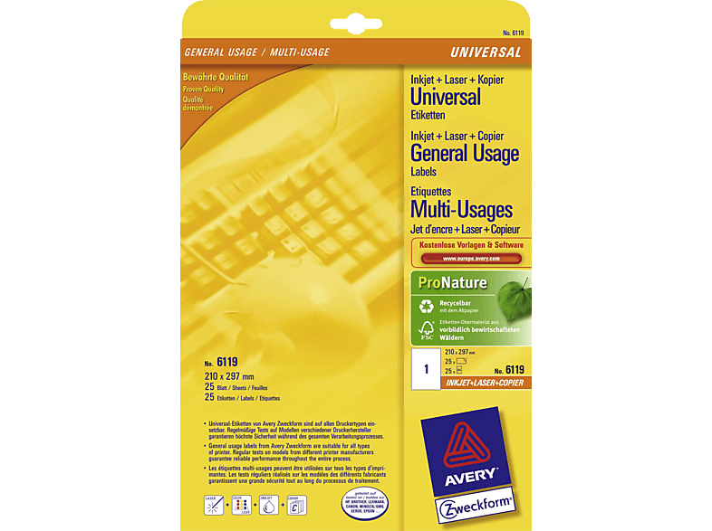 AVERY ZWECKFORM Universal-Etikett. 210x297mm 6119 weiss 30 Stk./25 + 5 Blatt