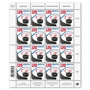 Briefmarken CHF 1.20 «Eishockey-Weltmeisterschaft 2026», Bogen mit 16 Marken