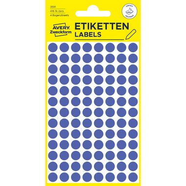 AVERY ZWECKFORM Markierungspunkte 8mm 3591 Blau, abl&ouml;sbar 4 Blatt