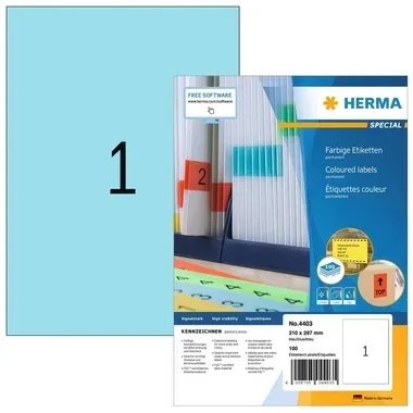 HERMA Etiketten SPECIAL 210x297mm 4403 blau,perm. 100 St./100 Bl.