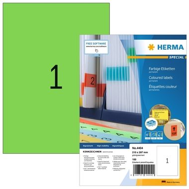 HERMA Etiketten SPECIAL 210x297mm 4404 gr&uuml;n,perm. 100 St./100 Bl.