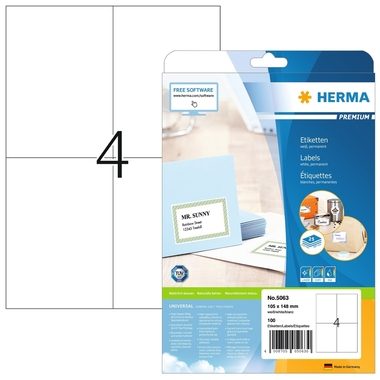 HERMA Etiketten PREMIUM 105x148mm 5063 weiss,perm. 100 St./25 Bl.