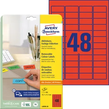 AVERY ZWECKFORM Etiketten 45.7x21.2mm L6038-20 rot 20Bl./48Stk.