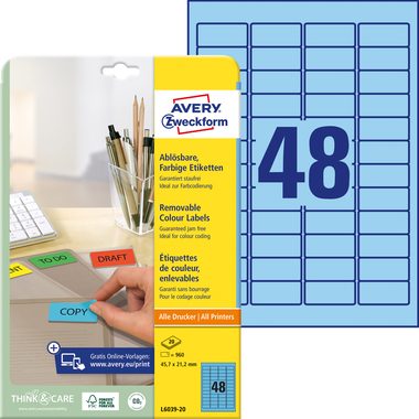 AVERY ZWECKFORM Etiketten 45,7x21,2mm L6039-20 blau 960Stk./20Bl.