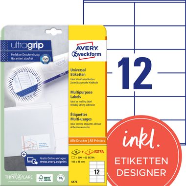 AVERY ZWECKFORM Universaletiketten 105x48mm 6175 weiss 360 Stk./25 + 5 Blatt