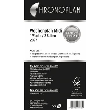 CHRONOPLAN Ersatz Wochenplan 2027 50257Z.27 1W/2S in Zeilen Midi