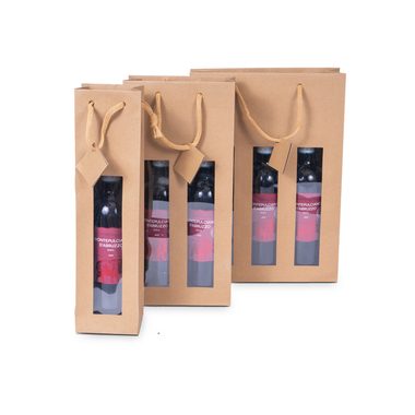Flaschentragetasche mit Sichtfenster & Kordel in Natur 98x88x380mm