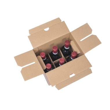 Flaschenverpackung mit Einlage & Grifflöcher für 6x 0.75l Flaschen mit Flaschenhöhe 320mm & Ø75mm