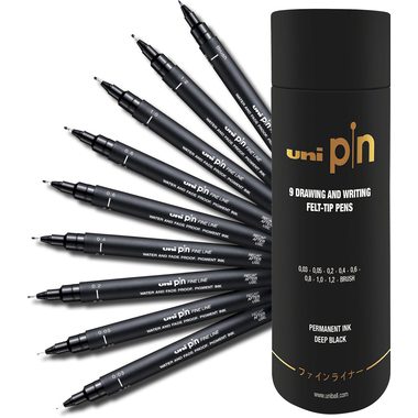 UNI-BALL Fineliner Pin Set PIN2009P schwarz, Tube 9 St&uuml;ck