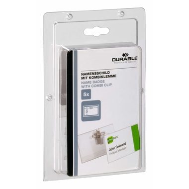 DURABLE Namensschild m/Klemme 90x54mm 861019 5 St&uuml;ck transp. Kunststoff