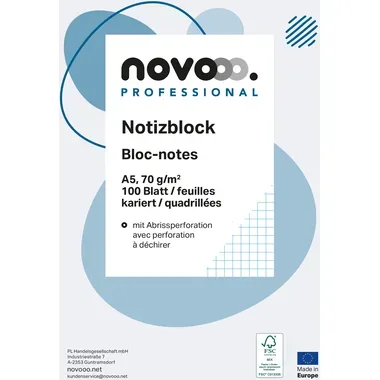 NOVOOO Notizblock weiss A5 694727 kariert 4mm, 70g 2x100 Blatt