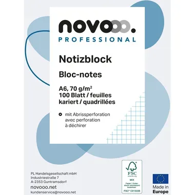 NOVOOO Notizblock weiss A6 694728 kariert 4mm, 70g 3x100 Blatt