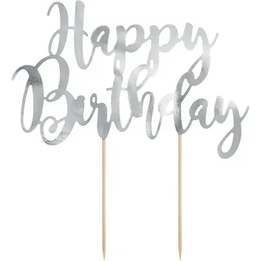 PartyDeco - Tortendekoration Happy Birthday, One Size, Silber