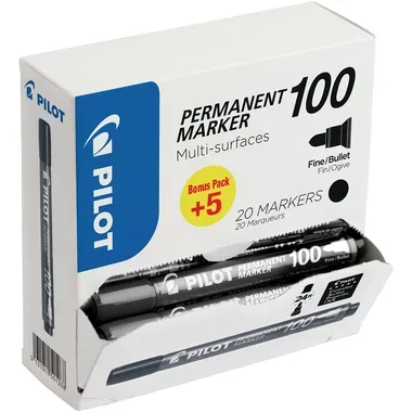 Pilot 100 Permanentmarker Fein Rundspitze 1 mm Schwarz 20 Stück