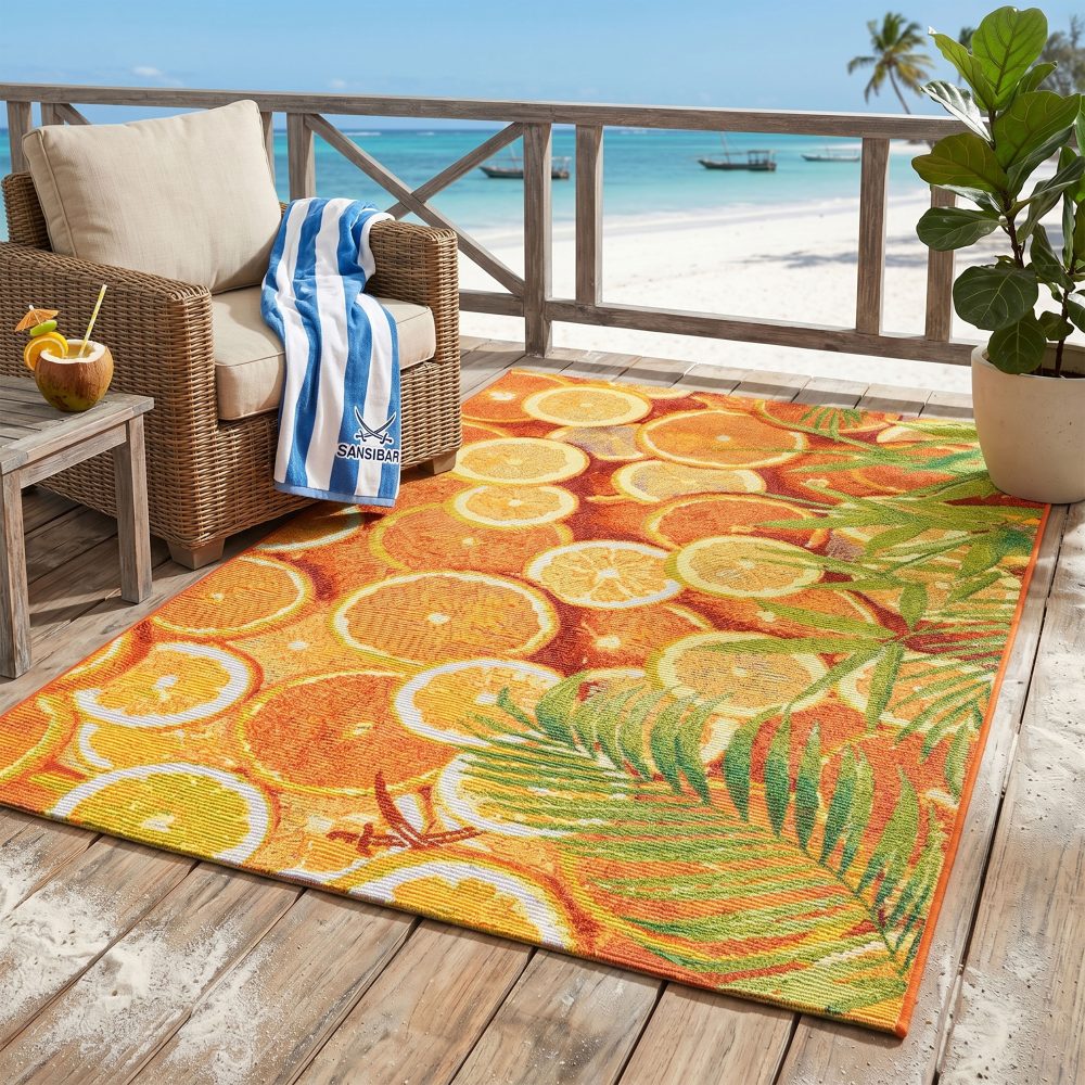 Sansibar Teppich »Rantum Beach 001«, rechteckig, 5 mm Höhe, Flachgewebe, modernes Design, Motiv Orangenscheiben und Palmenblätter
