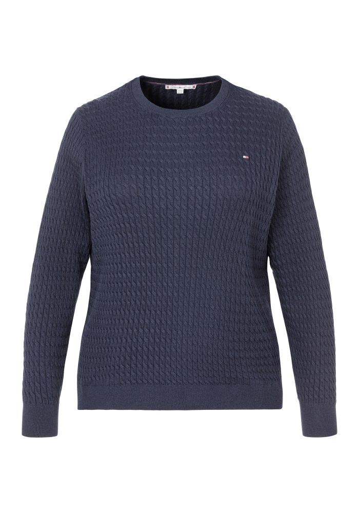 Tommy Hilfiger Curve Rundhalspullover »CRV CO CABLE C-NK LS SWEATER« in Grossen Grössen, Zopfmuster, Logostickerei