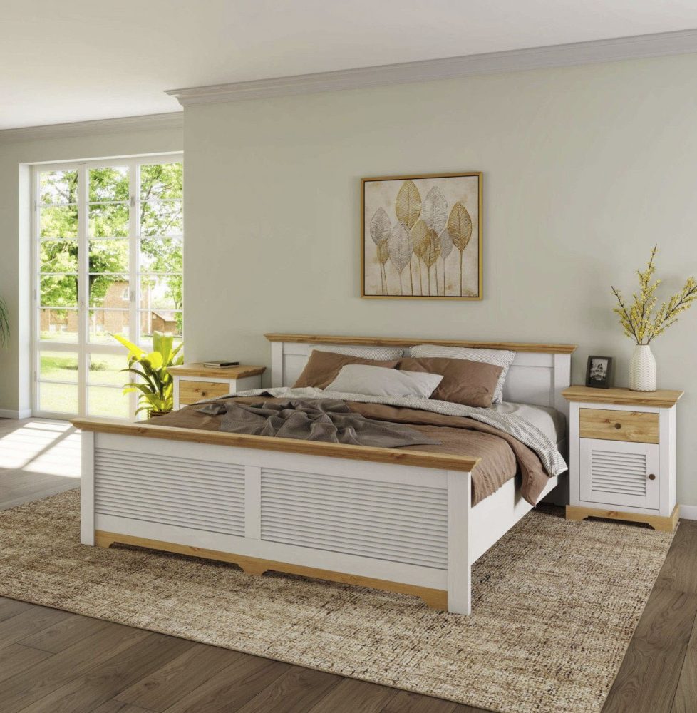Home affaire Bett »Rauna, Landhausstil, edles Design mit Lamellen und Kassetten, 2 Farben«, (Breite/Belastbarkeit 180cm=220 KG, 90cm=120KG), FSC® zertifiziertes Kieferholz, massive Qualität mit Lattenrost