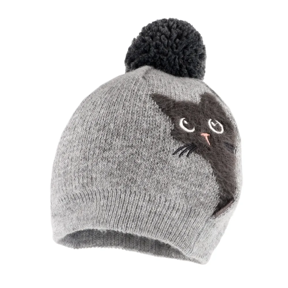 Winter-Strickmütze mit Bommel Katze