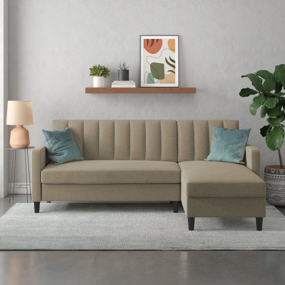 Dorel Home Ecksofa mit Schlafffunktion, Recamiere mit Stauraum beidseitig montierbar, Rückenlehne 2-teilig und 3-fach verstellbar