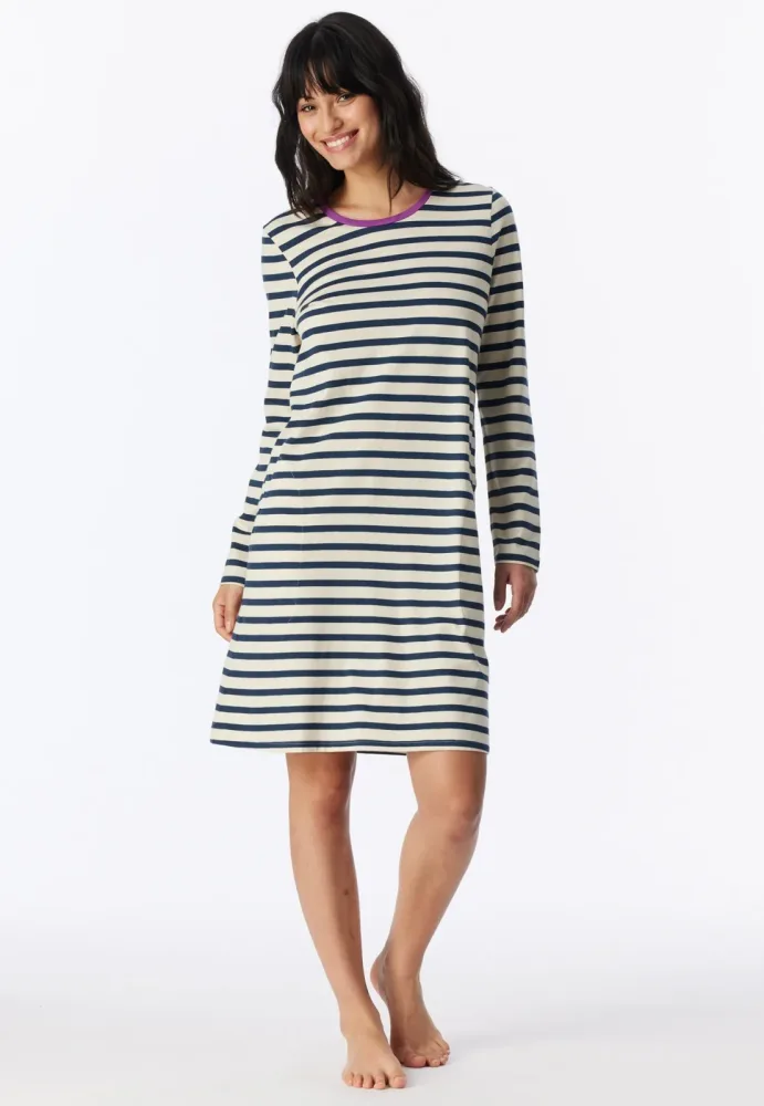 Schiesser Nachthemd langarm Dunkelblau/Weiss gestreift - Casual Essentials für Damen, Größe S, 100 % Baumwolle