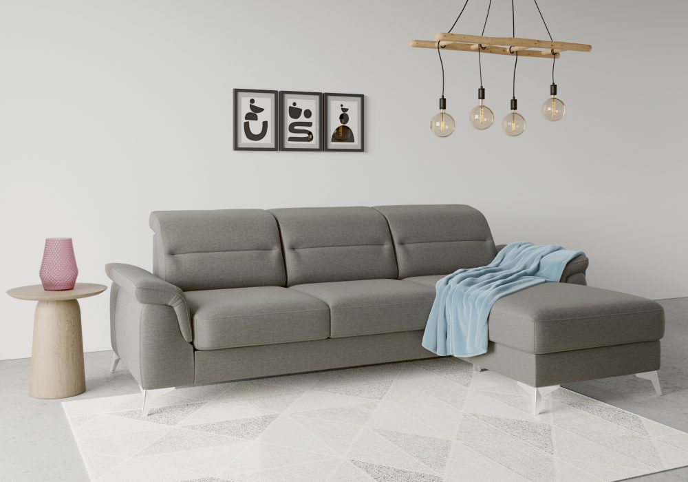 sit&more Ecksofa »Sinatra«, mit Recamiere, optinal mit Kopfteilverstellung und Armteilfunktion oder Kopfteilverstellung, Armteilfunktion, Bettfunktion und Bettkasten, chromfarbene Metallfüsse