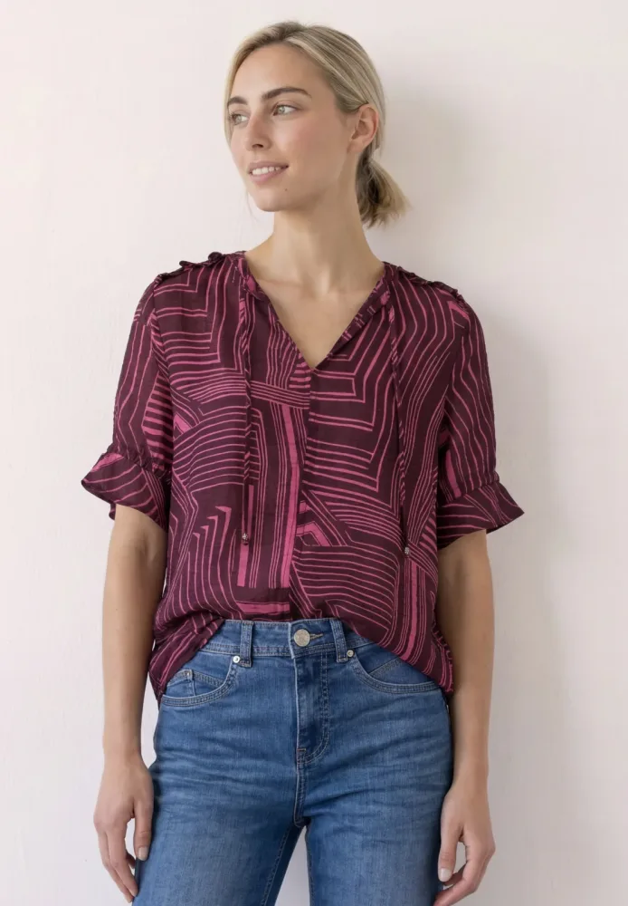 Kurzarm Bluse mit Split Neck und Print
