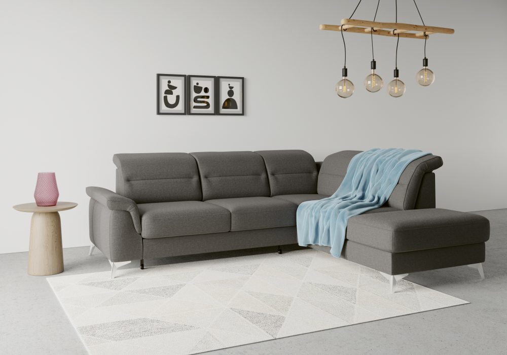 sit&more Ecksofa »Sinatra«, mit Ottomane, optional mit Kopfteilverstellung und Armteilfunktion oder Kopfteilverstellung, Armteilfunktion, Bettfunktion und Stauraum, chromfarbene Metallfüsse