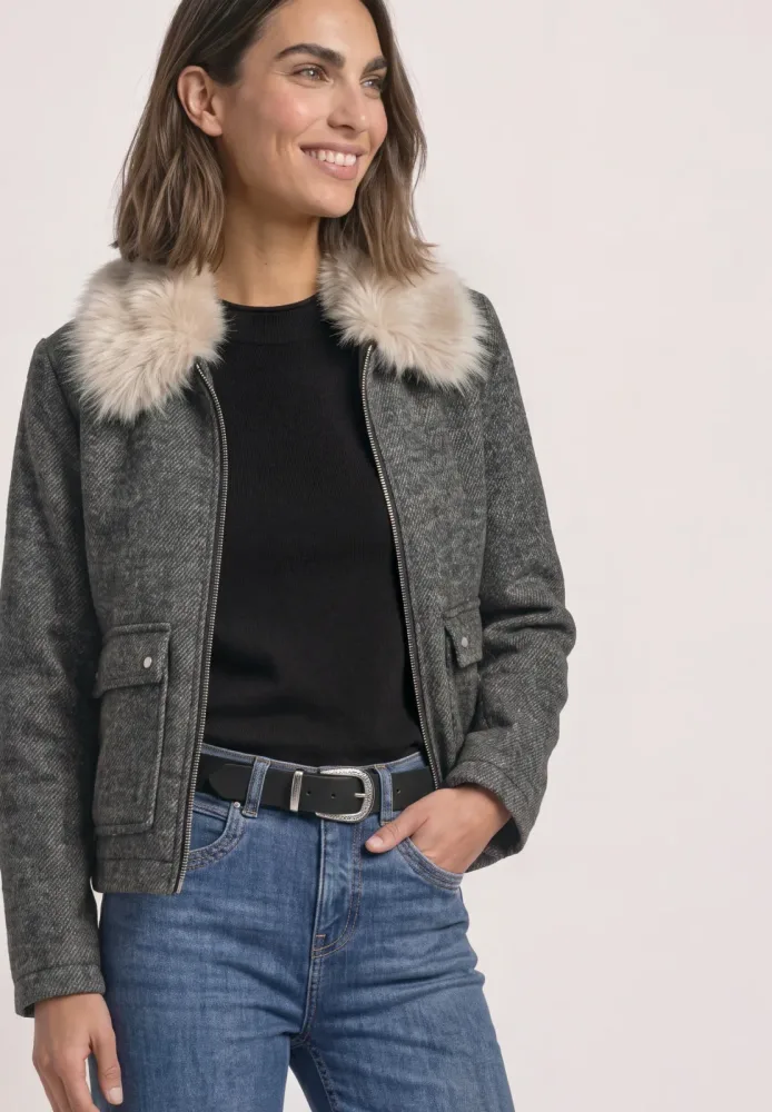 Overshirt mit Woll-Anteil und Fake-Fur-Kragen