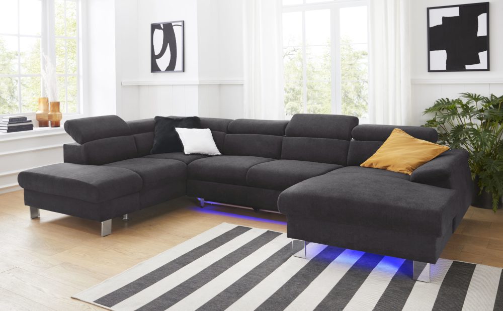 COTTA Wohnlandschaft »Komaris«, inklusive Kopfteilverstellung, wahlweise mit Bettfunktion und RGB-LED-Beleuchtung, moderner chromfarbener Fuss