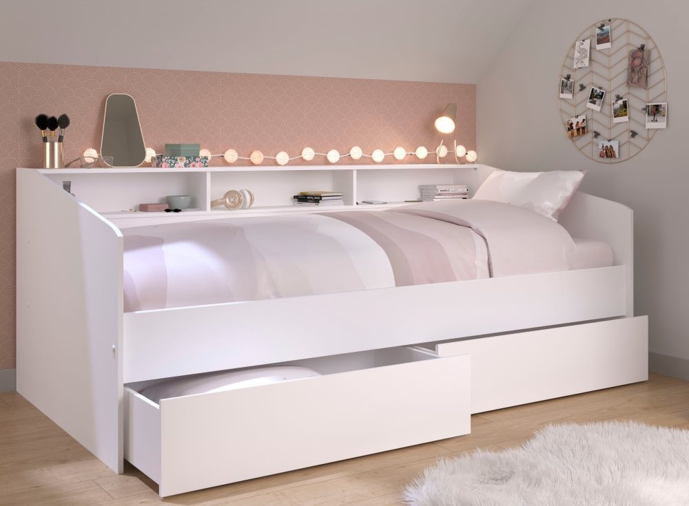 Parisot Stauraumbett »Sleep, Daybed, Kinderbett, Rückwand der Regale drehbar (farbig + weiss)«, inklusive, Regale, Schubkästen, viel Stauraum, TOPSELLLER!
