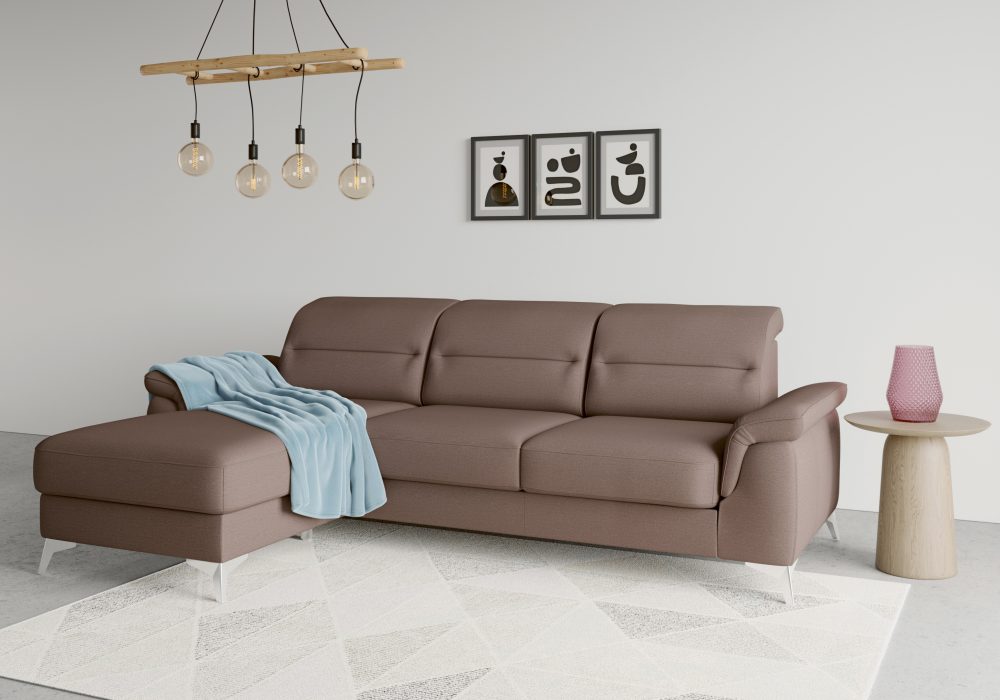 sit&more Ecksofa »Sinatra«, mit Recamiere, optinal mit Kopfteilverstellung und Armteilfunktion oder Kopfteilverstellung, Armteilfunktion, Bettfunktion und Bettkasten, chromfarbene Metallfüsse