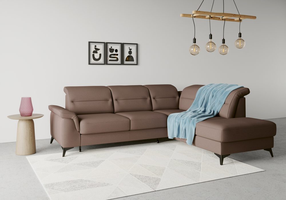 sit&more Ecksofa »Sinatra«, mit Ottomane, optional mit Kopfteilverstellung und Armteilfunktion oder mit Kopfteilverstellung, Armteilfunktion, Bettfunktion und Stauraum, mattschwarze Metallfüsse