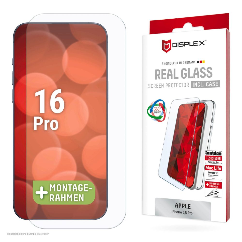 Displex Displayschutzglas »Real Glass Screen Protection + Case« für Apple iPhone 16 Pro Displayschutzfolie, Schutzfolie, Bildschirmschutz, kratz- & stossfest