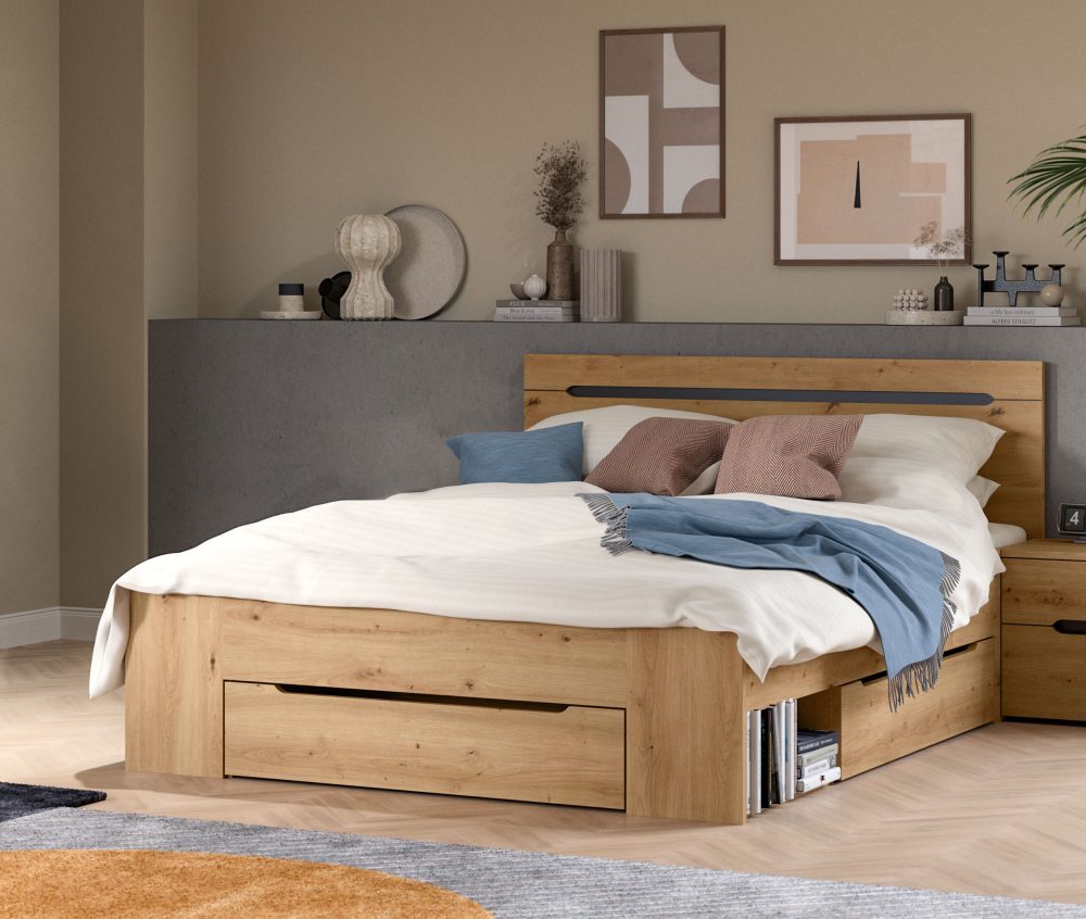 Home affaire Stauraumbett »REHAT, in 144 oder 184 cm Breite, 3 Schubkästen, 2 offene Fächer« TOPSELLER!, für Matratzen 140x200 cm, viel Stauraum, ohne Lattenrost, 1 Stk. tlg. Bett, Kastenbett, Bettgestell, Schlafzimmer, Schlafen