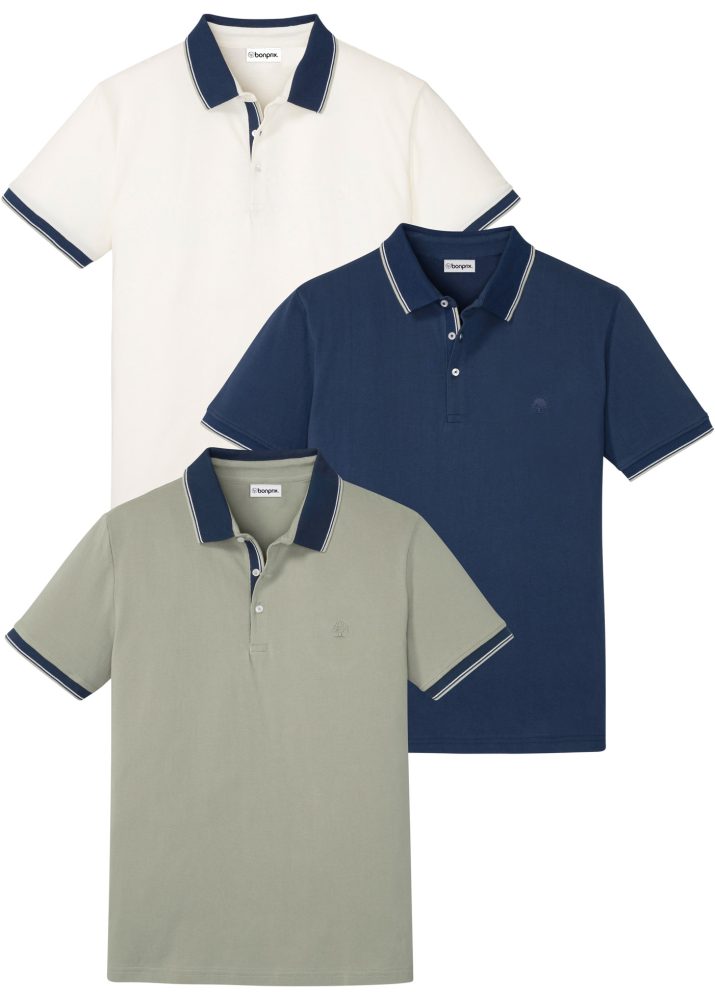 bonprix Poloshirt Packung, 3er, 3 Regular Fit, Kurzarm, mit dezenter Bruststickerei, aus Baumwolle