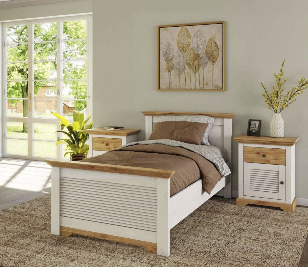 Home affaire Bett »Rauna, Landhausstil, edles Design mit Lamellen und Kassetten, 2 Farben«, (Breite/Belastbarkeit 180cm=220 KG, 90cm=120KG), FSC® zertifiziertes Kieferholz, massive Qualität mit Lattenrost