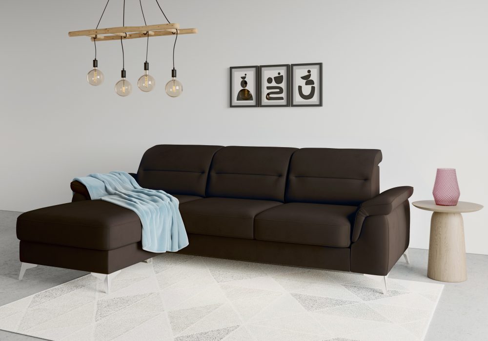 sit&more Ecksofa »Sinatra«, mit Recamiere, optinal mit Kopfteilverstellung und Armteilfunktion oder Kopfteilverstellung, Armteilfunktion, Bettfunktion und Bettkasten, chromfarbene Metallfüsse