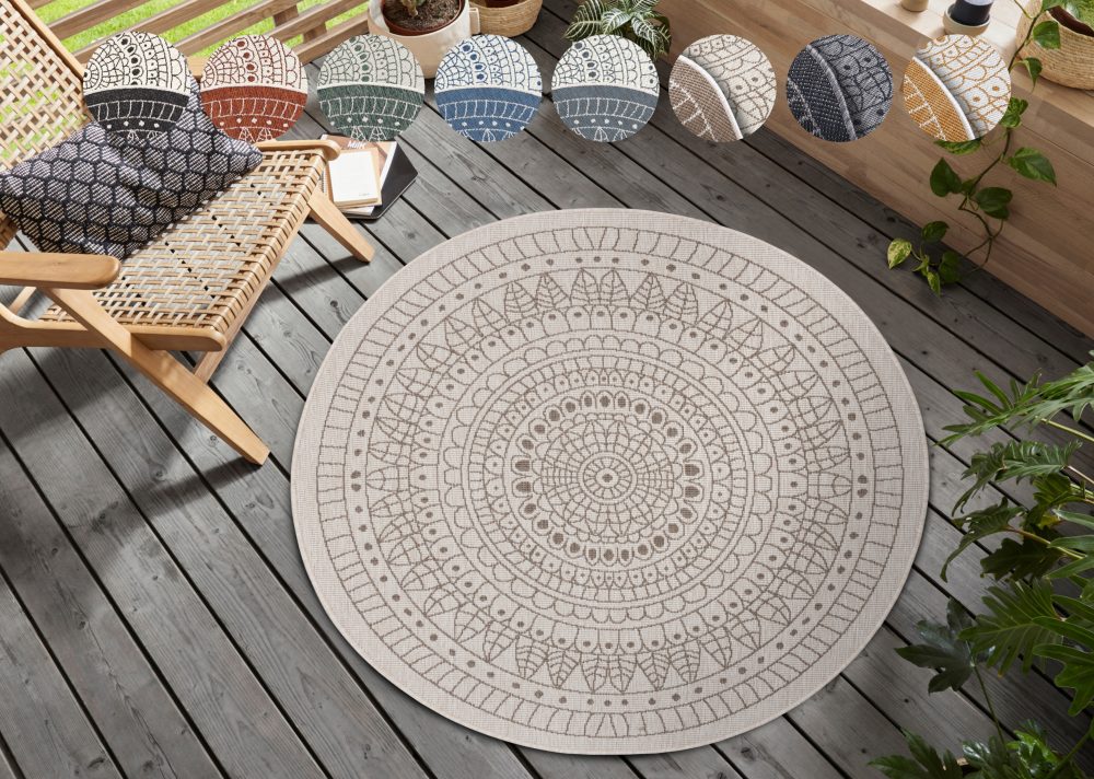 NORTHRUGS Teppich »Porto«, rund, 5 mm Höhe, In-und Outdoor geeignet, Wohnzimmer, Balkon, Terrasse, Garten, Robust, Pflegeleicht, Flachgewebe, Wendbar