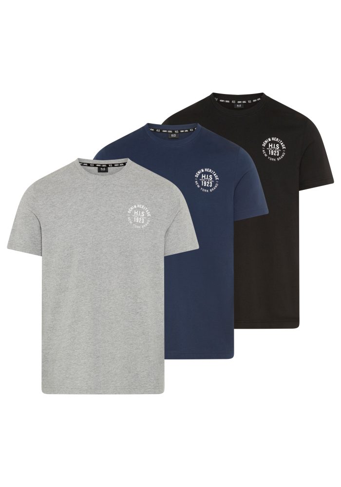 H.I.S T-Shirt Packung, 3er-Pack, 3 tlg. schmal geschnitten, bedrucktes Design, aus 100% Baumwolle