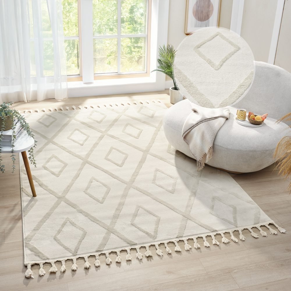 andas Teppich »»Otilie««, rechteckig, dichte Qualität, Woll-Look, Boho, mit Fransen und Rauten, Scandi