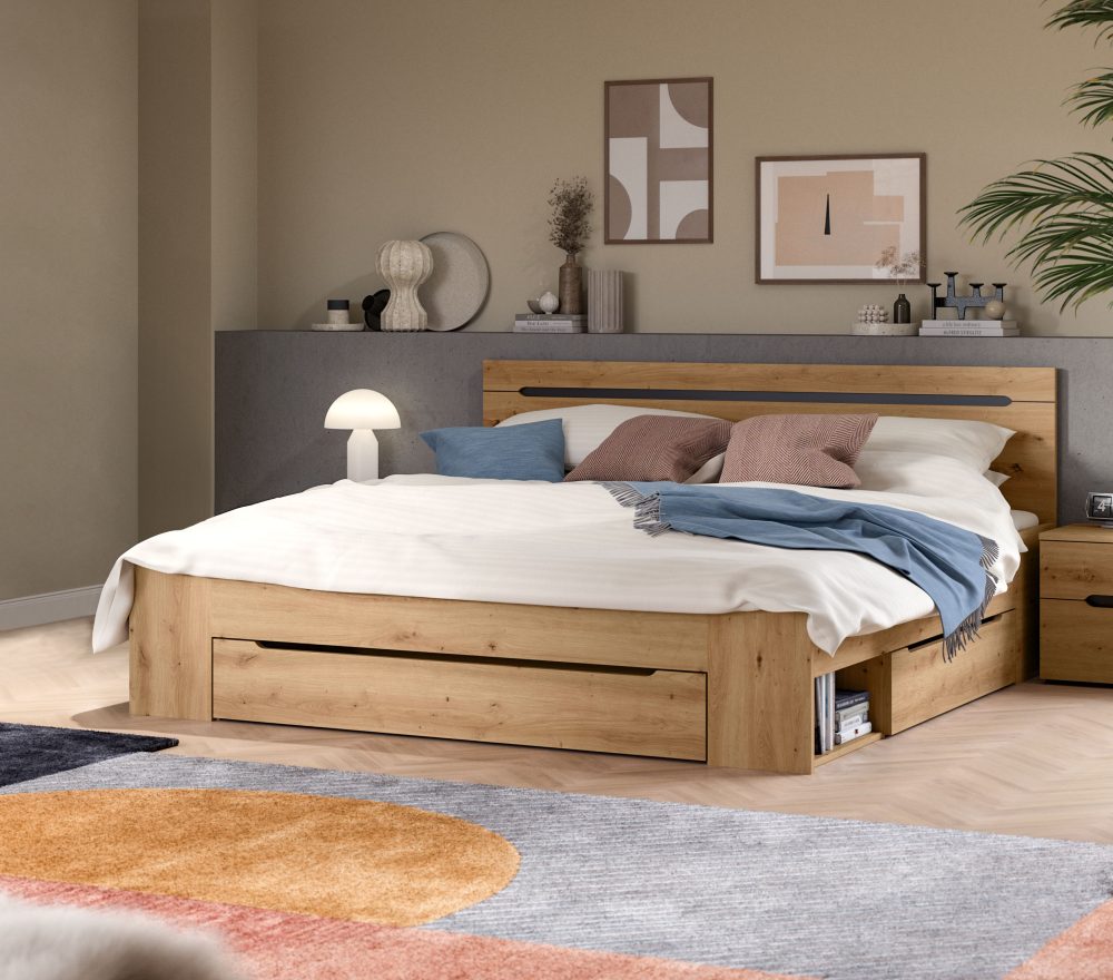 Home affaire Stauraumbett »REHAT, in 144 oder 184 cm Breite, 3 Schubkästen, 2 offene Fächer« TOPSELLER!, für Matratzen 140x200 cm, viel Stauraum, ohne Lattenrost, 1 tlg. Bett, Kastenbett, Bettgestell, Schlafzimmer, Schlafen
