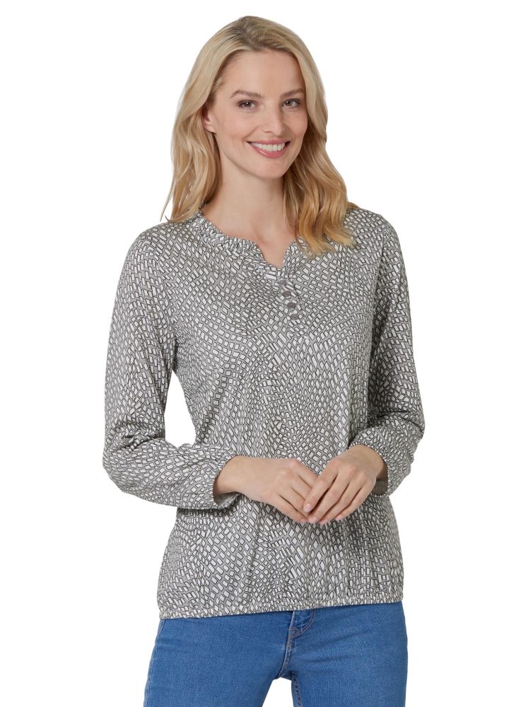 Langarmshirt in steingrau-ecru-bedruckt von heine