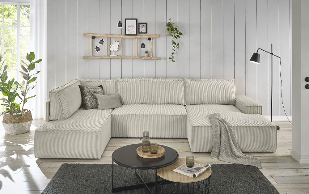 Premium collection by Home affaire Wohnlandschaft »SHERWOOD«, mit Bett-Funktion (Liegefläche 194x139 cm), Bettkasten, mit 4 losen Rückenkissen, hochwertiger Cord-Bezug