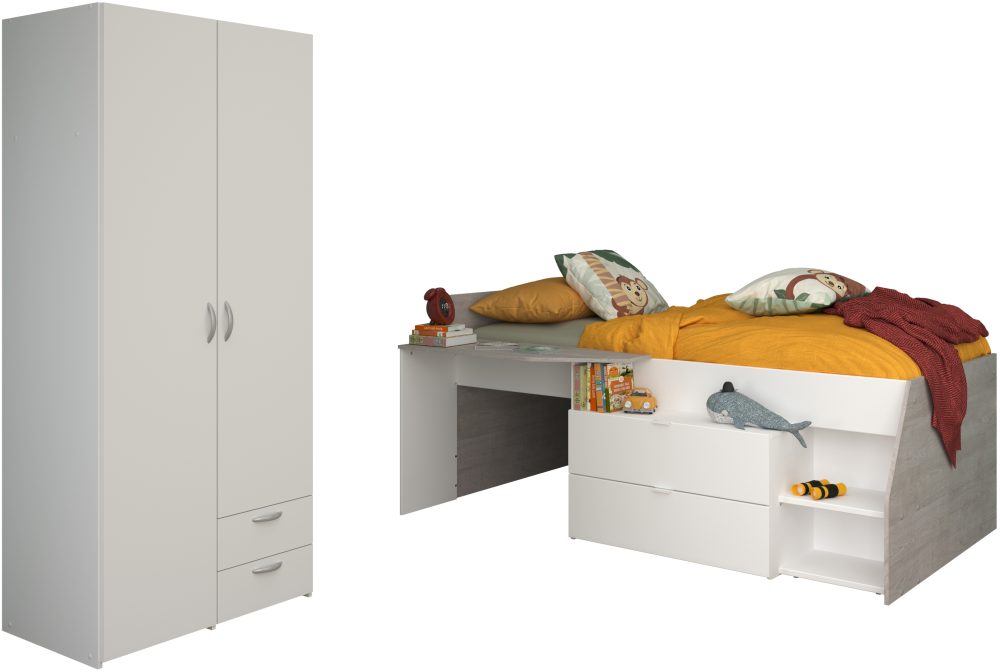 Parisot Jugendzimmer-Set »Parisot Milky 14«, (2 tlg., Bestehend aus halbhohem Hochbett und 2-trg. Kleiderschrank)