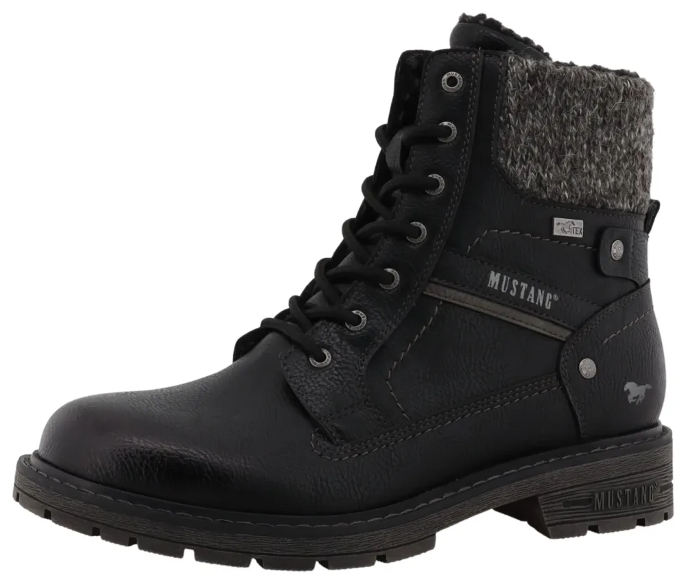 Mustang Schnürstiefelette aus pflegeleichtem Softmaterial mit Wollkragenabschluss schwarz
